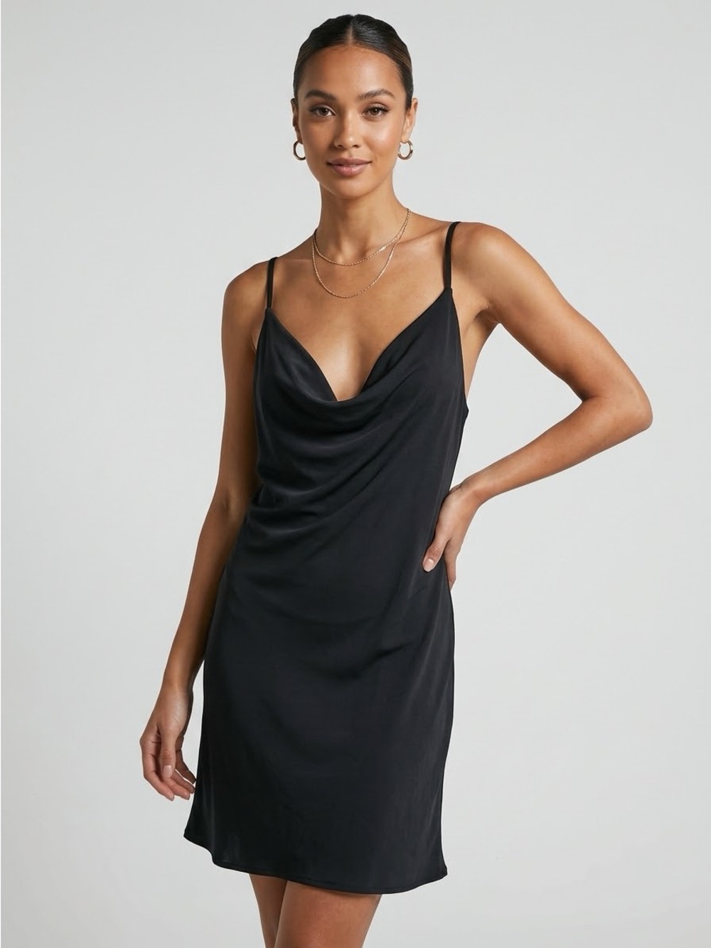Cider Black Cowl Neck Slip Dress w/ Gold Chain Accent 1XL NWT
